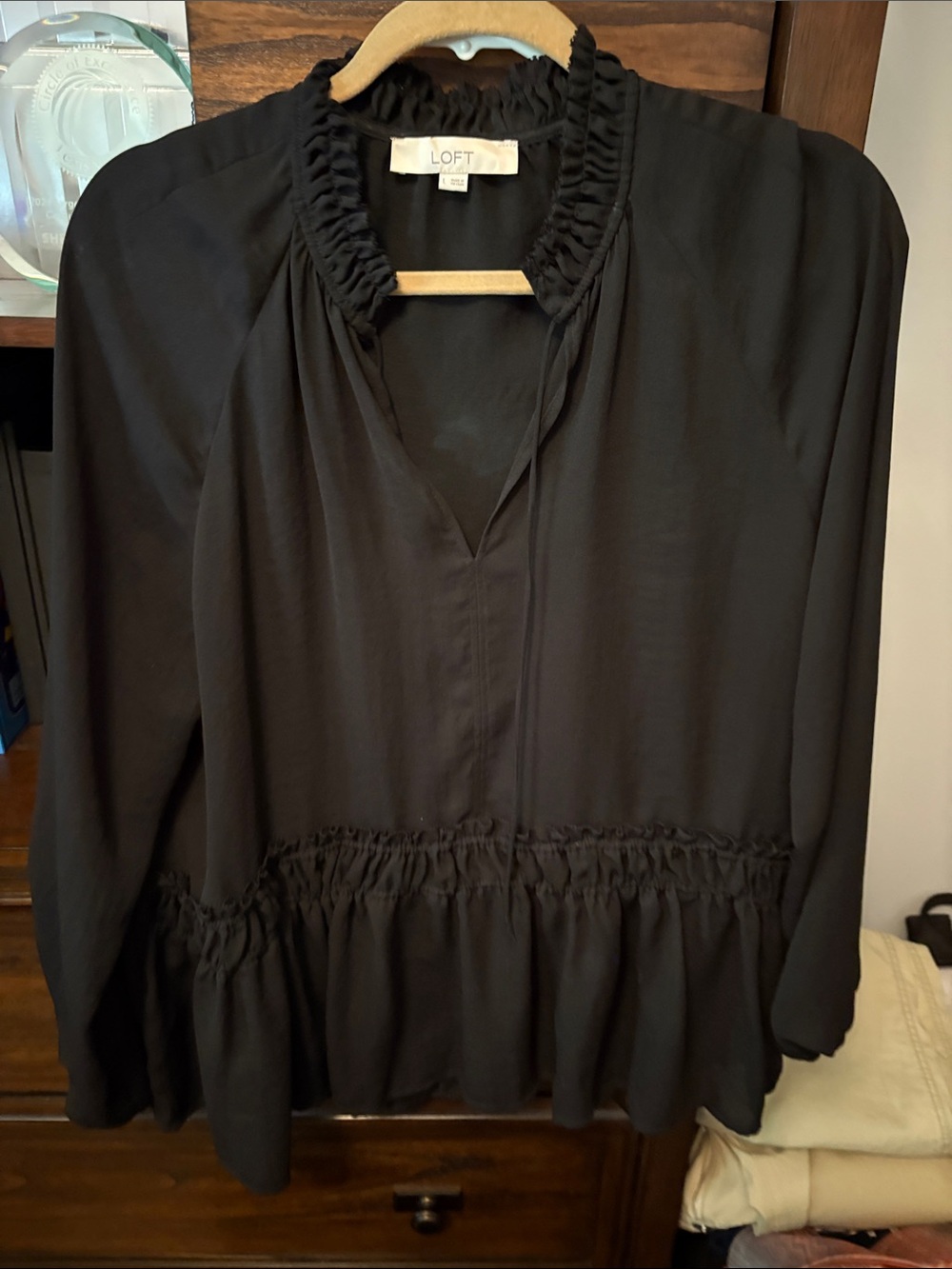 LOFT Black Ruffle-Detail Peplum Blouse